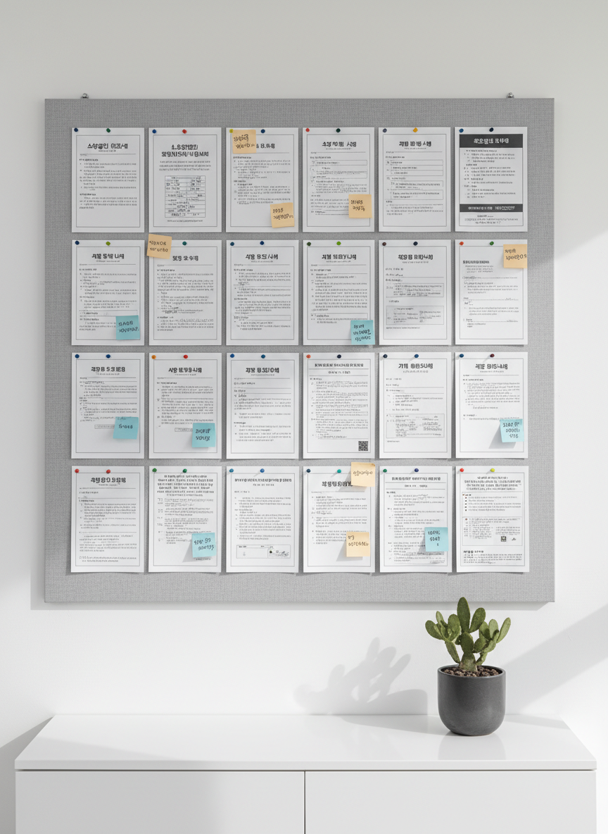 A tidy bulletin board covered in light grey fabric, mounted on a white office wall, filled with neatly pinned documents about small business grants, tax benefits, and corporate support programs, all in Korean text and organized in a grid. Colored sticky notes in muted blues and beiges mark deadlines and key points. Below, a streamlined white cabinet holds a single, small, dark grey plant pot with a structured succulent, adding subtle life while keeping a corporate feel. Soft natural light from the right side casts precise, linear shadows, enhancing the board’s texture. Shot straight on with a balanced, symmetrical composition and sharp focus, the photographic style feels clean, methodical, and professional, reflecting a reliable information hub for 소상공인.