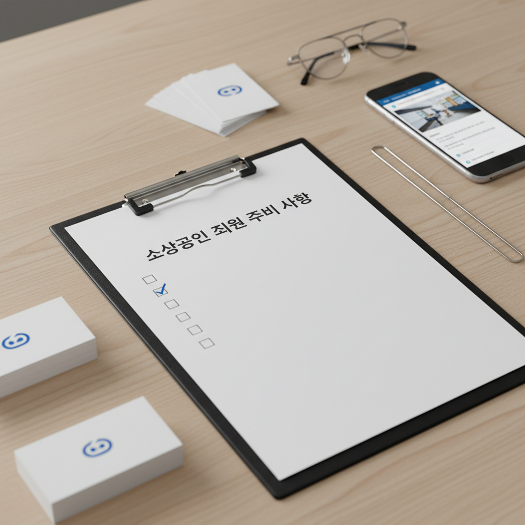 A close-up of a crisp, printed checklist titled in Korean “소상공인 지원 준비 사항” clipped to a matte black clipboard on a pale oak table. Around it lie neatly fanned business cards, a smartphone displaying a government portal homepage, and a pair of simple silver-framed reading glasses folded with precision. The surface is spotless, with clean lines and ample negative space. Cool, diffused overhead lighting creates subtle reflections on the phone screen and metal clip, maintaining a neutral color palette of whites, greys, and soft wood. Captured from a slightly elevated angle with shallow depth of field, the checklist and clipboard are in sharp focus, conveying organization, reliability, and a structured, corporate atmosphere in photographic realism.